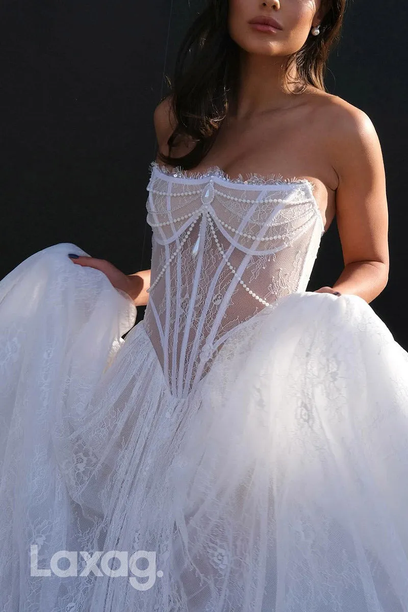 22869 - A-Line Strapless Lace Sequins Beaded Tulle Elegant Wedding Dress with Trainc