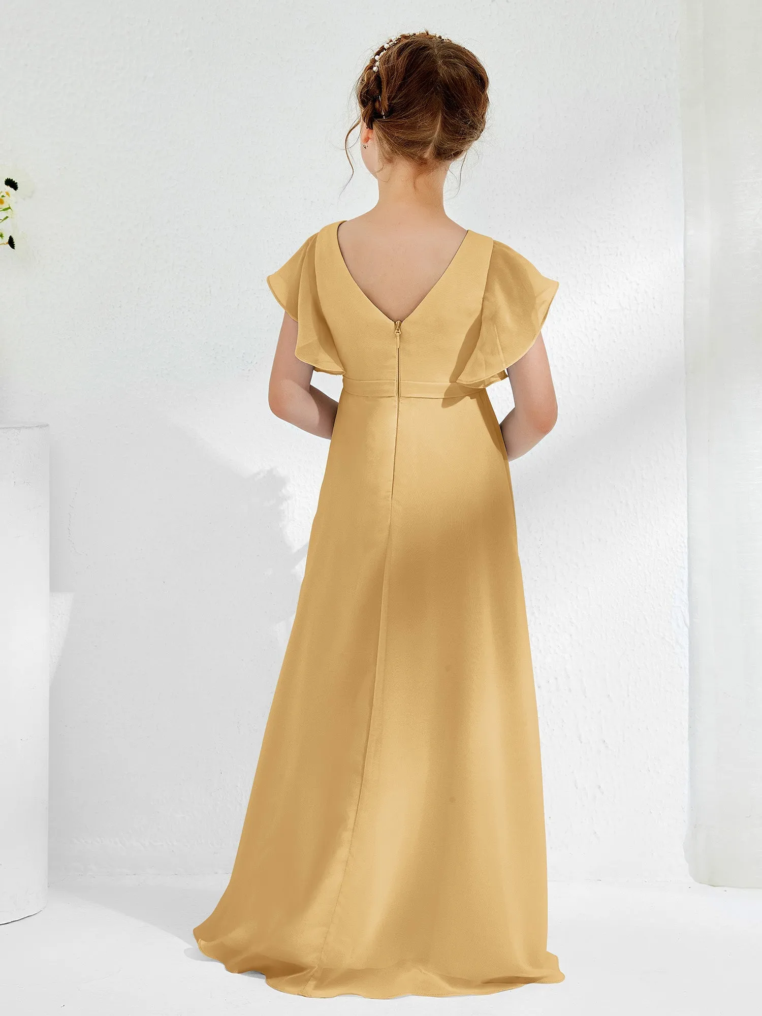 A-line Flutter Sleeves Junior Bridesmaid Dresses Gold