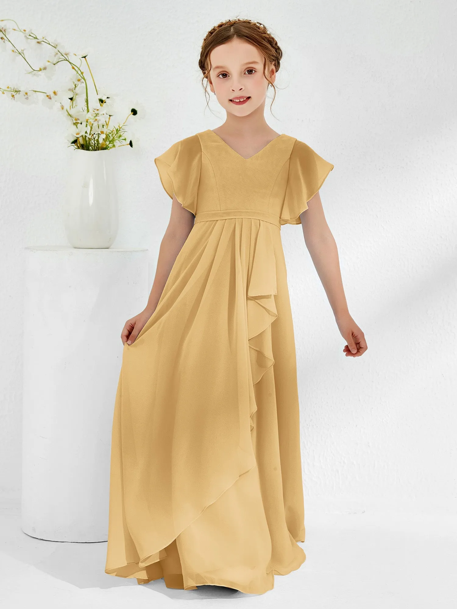 A-line Flutter Sleeves Junior Bridesmaid Dresses Gold