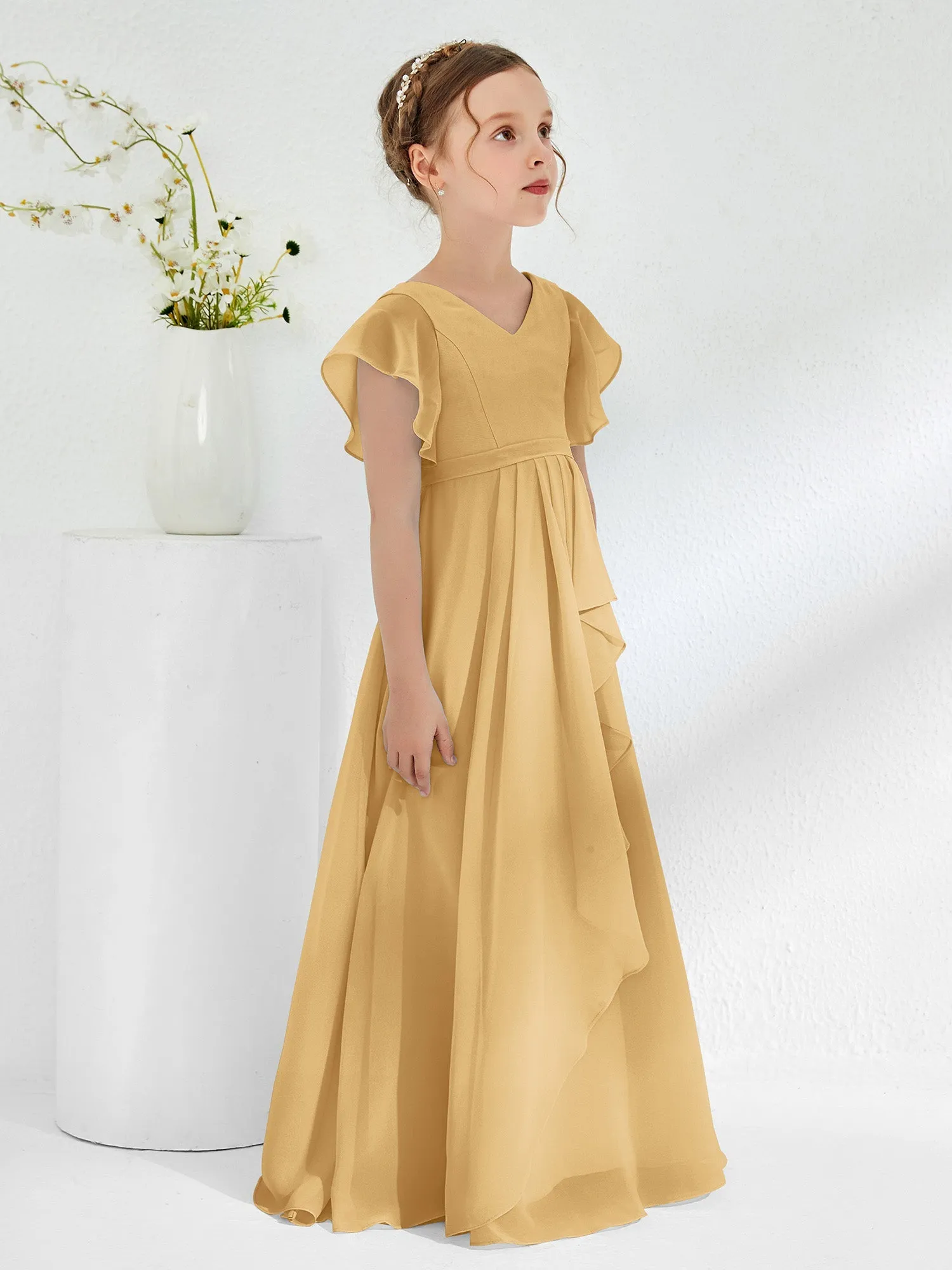 A-line Flutter Sleeves Junior Bridesmaid Dresses Gold