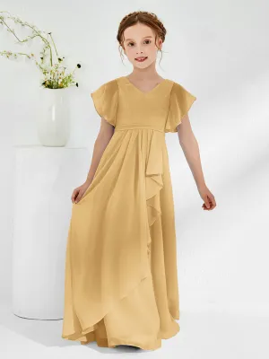 A-line Flutter Sleeves Junior Bridesmaid Dresses Gold