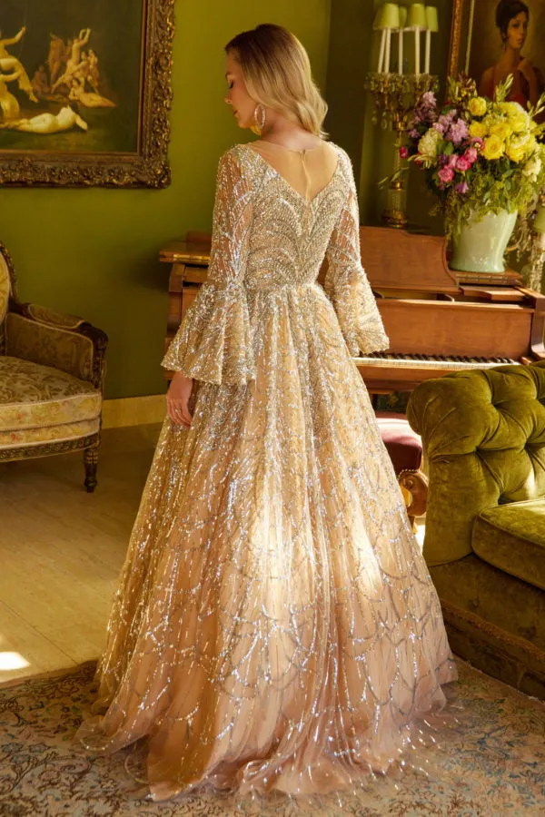 A Line Long Sleeve Sequin Formal Dress