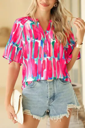 Abstract Brushwork Print Buttoned V Neck Blouse