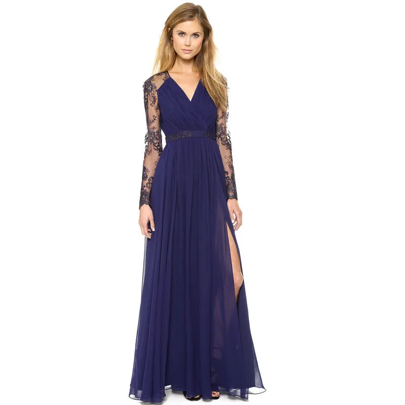 Beautiful Chiffon Lace Patchwork Deep V Neck Long Party Dress