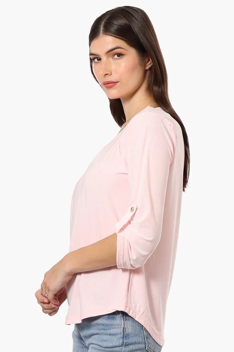 Beechers Brook Solid Roll Up Sleeve Necklace Blouse - Blush