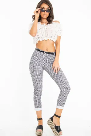 Black and White Check Belted Tapered Trousers - Kierra