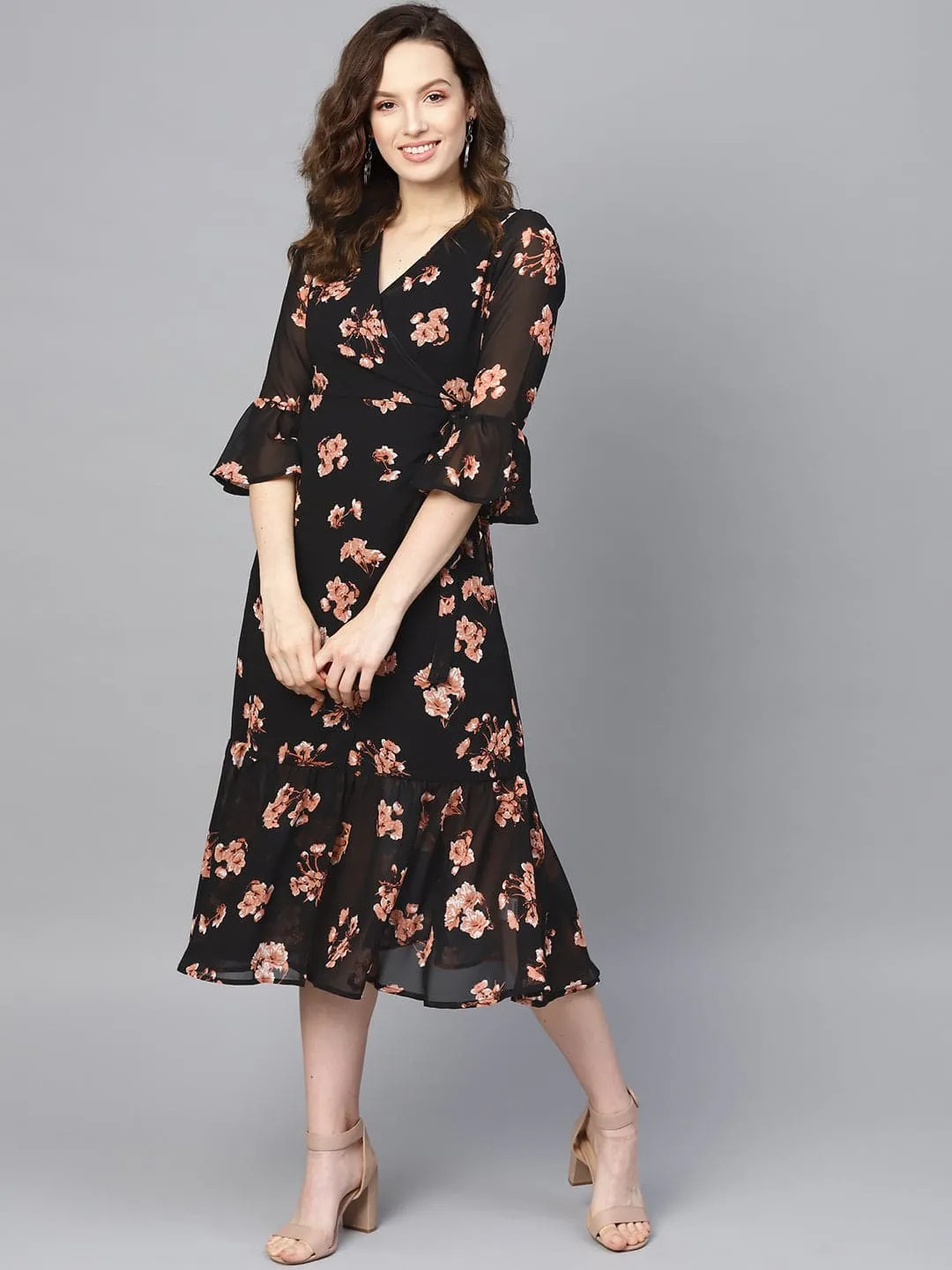 Black Floral Wrap Tie Dress