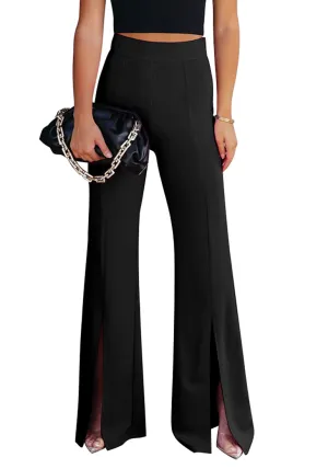 Black Women's Business Wide Leg Pants Dress Flare Split Hem Slacks