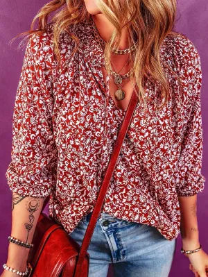 Burgundy Flower Print Neck Tie Blouse