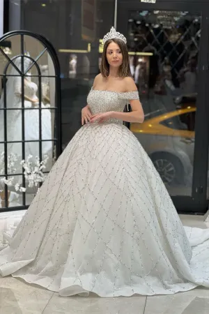 Charming Floor Length Off-The-Shoulder A-Line Sequined Wedding Dress with Court Train