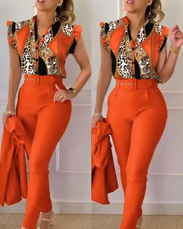 Chic Floral V-neck Shirt & Trousers Set