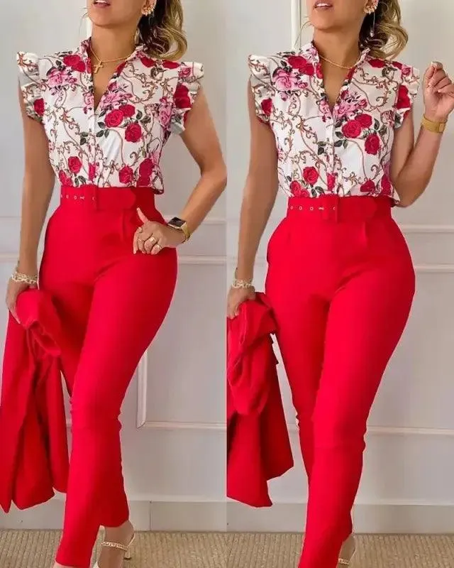 Chic Floral V-neck Shirt & Trousers Set