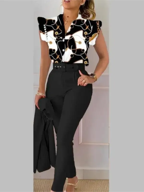 Chic Floral V-neck Shirt & Trousers Set