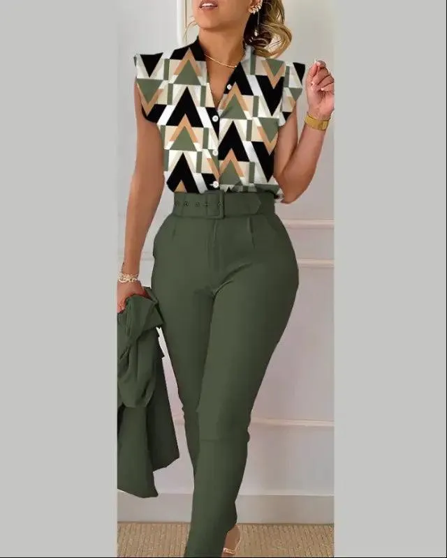 Chic Floral V-neck Shirt & Trousers Set