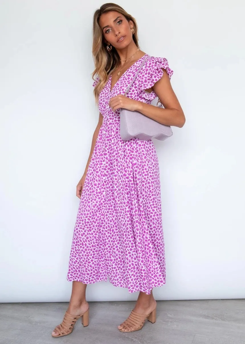 Cinched Waist Elegant V-Neck Ruffled Sleeve Floral Dress