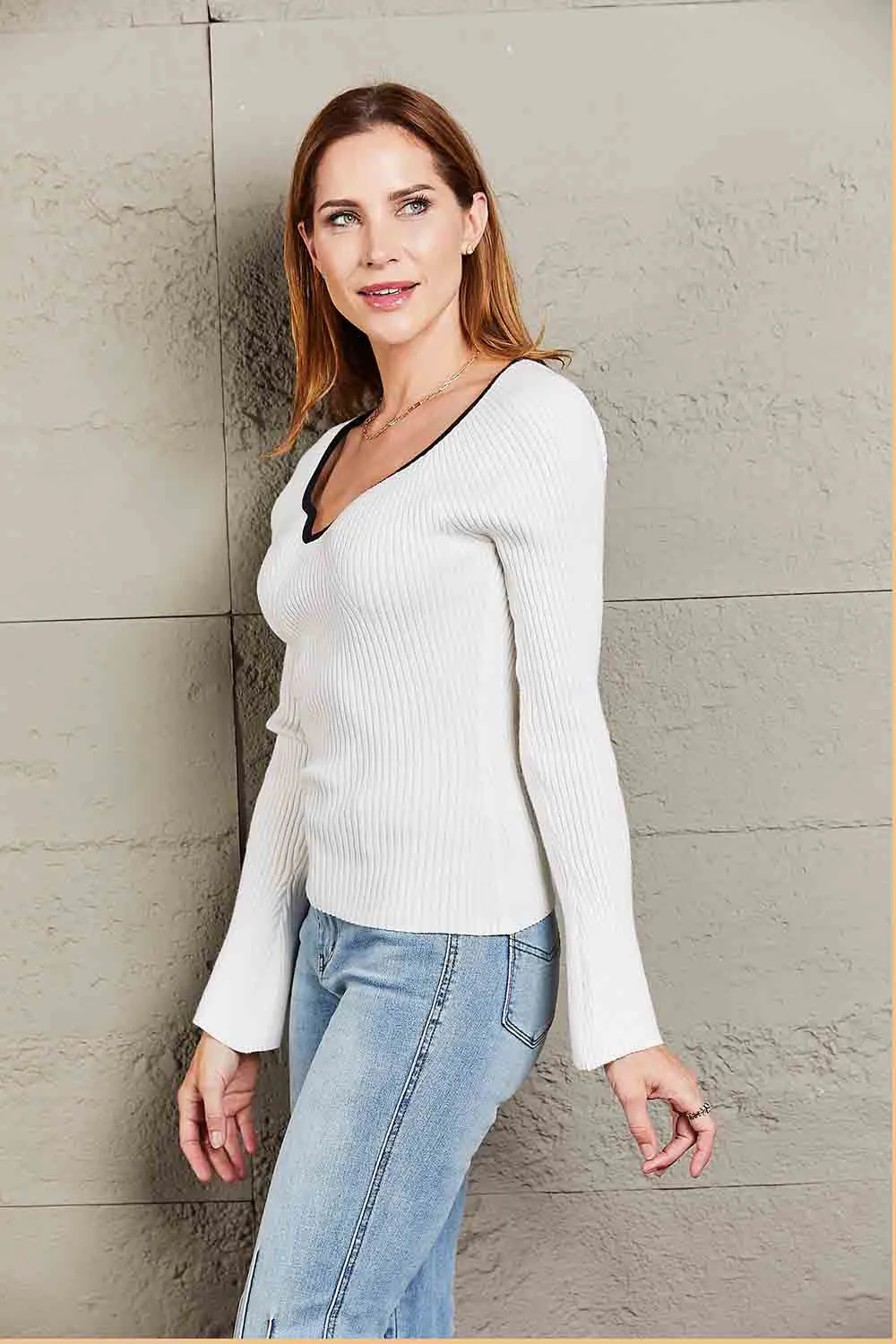 Contrast Sweetheart Neck Ribbed Top