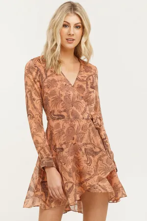 Desert Lily Print LS Wrap Dusky Rose Mini Dress