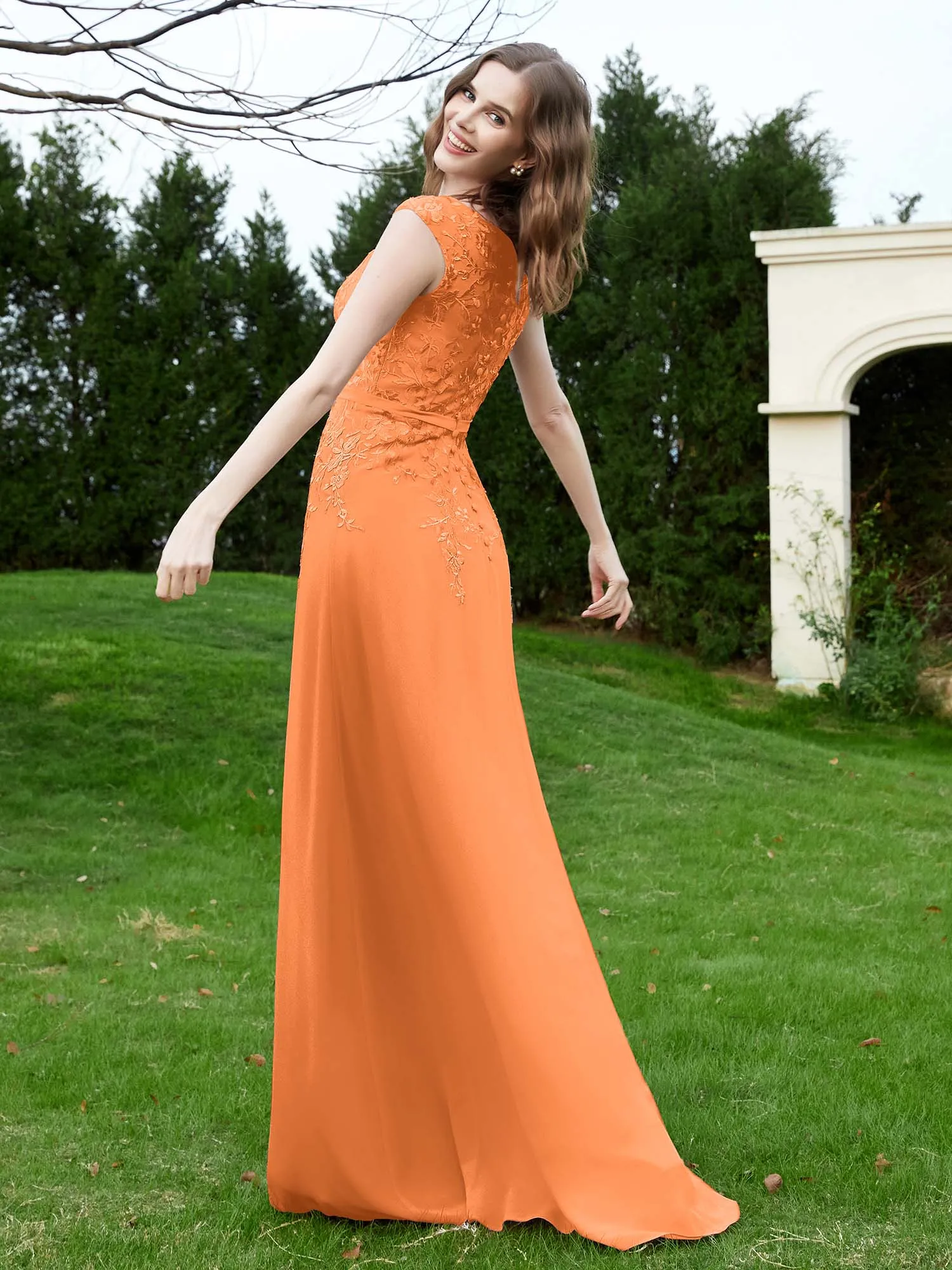 Elegant Illusion Lace Appliqued Dress With Buttons Orange Plus Size