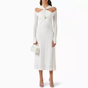 Graceful Metallic Accent V Neck Ruched Cutout Long Sleeve Sweater Midi Dress