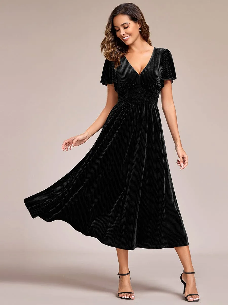 Graceful V-Neck Waist Design Short Sleeves Fall Velvet Midi Bridesmaid Dress