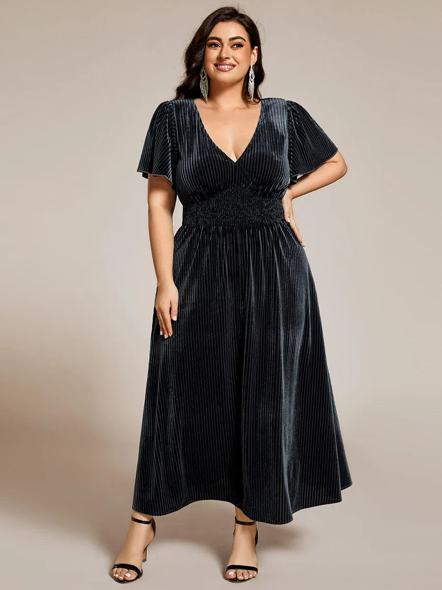 Graceful V-Neck Waist Design Short Sleeves Fall Velvet Midi Bridesmaid Dress