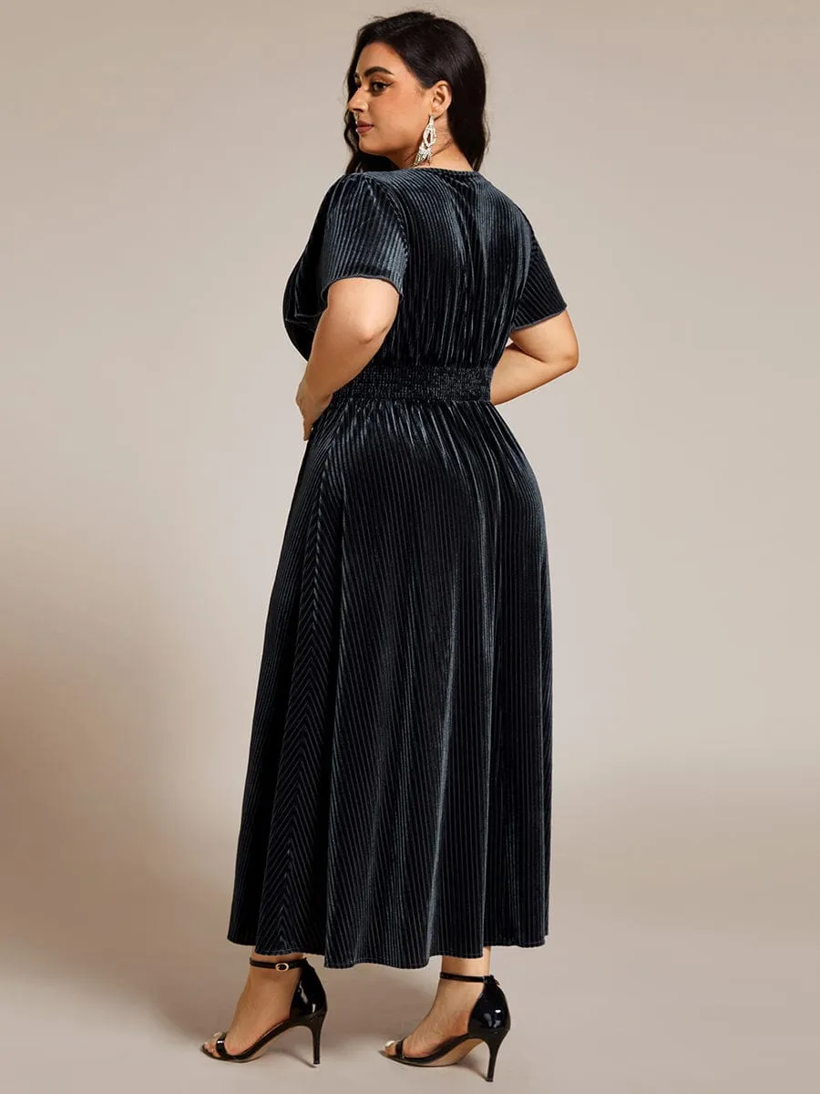 Graceful V-Neck Waist Design Short Sleeves Fall Velvet Midi Bridesmaid Dress