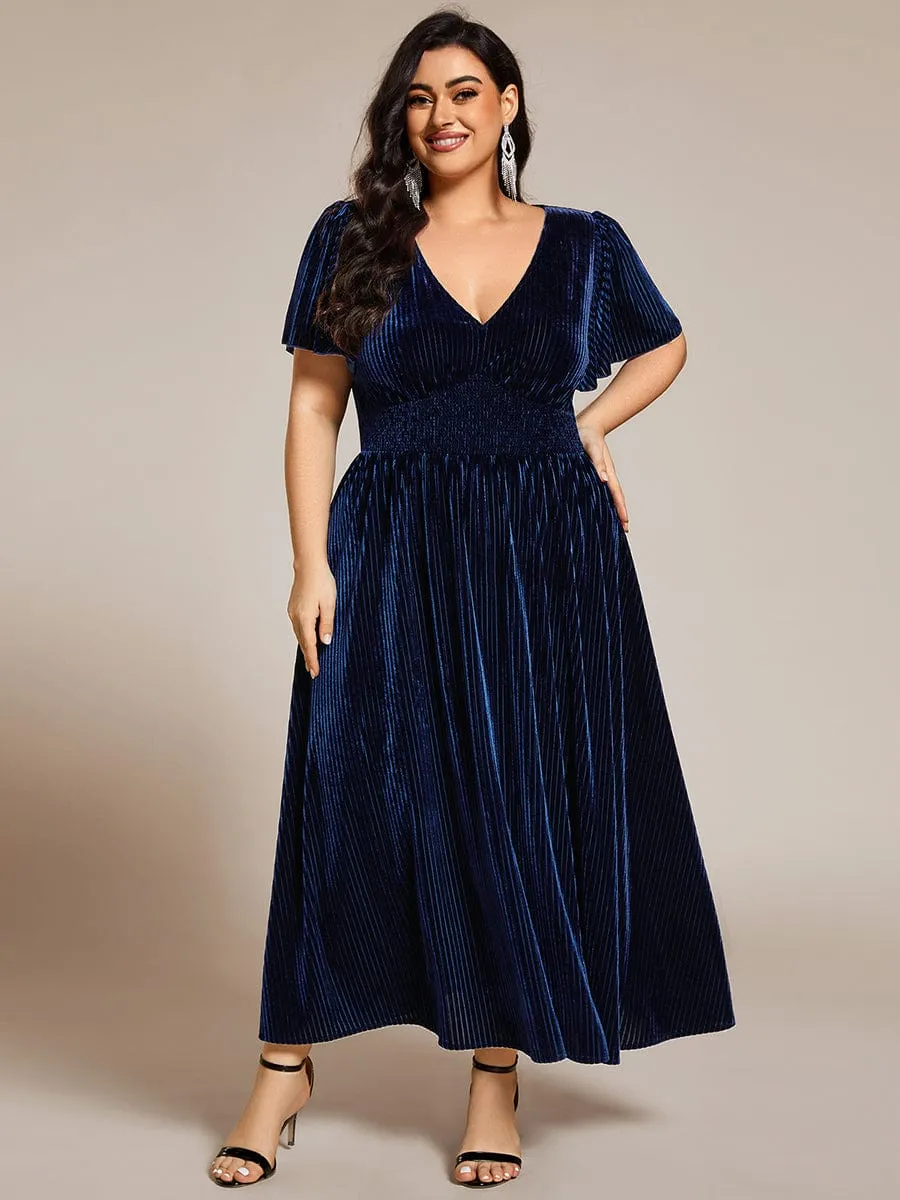 Graceful V-Neck Waist Design Short Sleeves Fall Velvet Midi Bridesmaid Dress