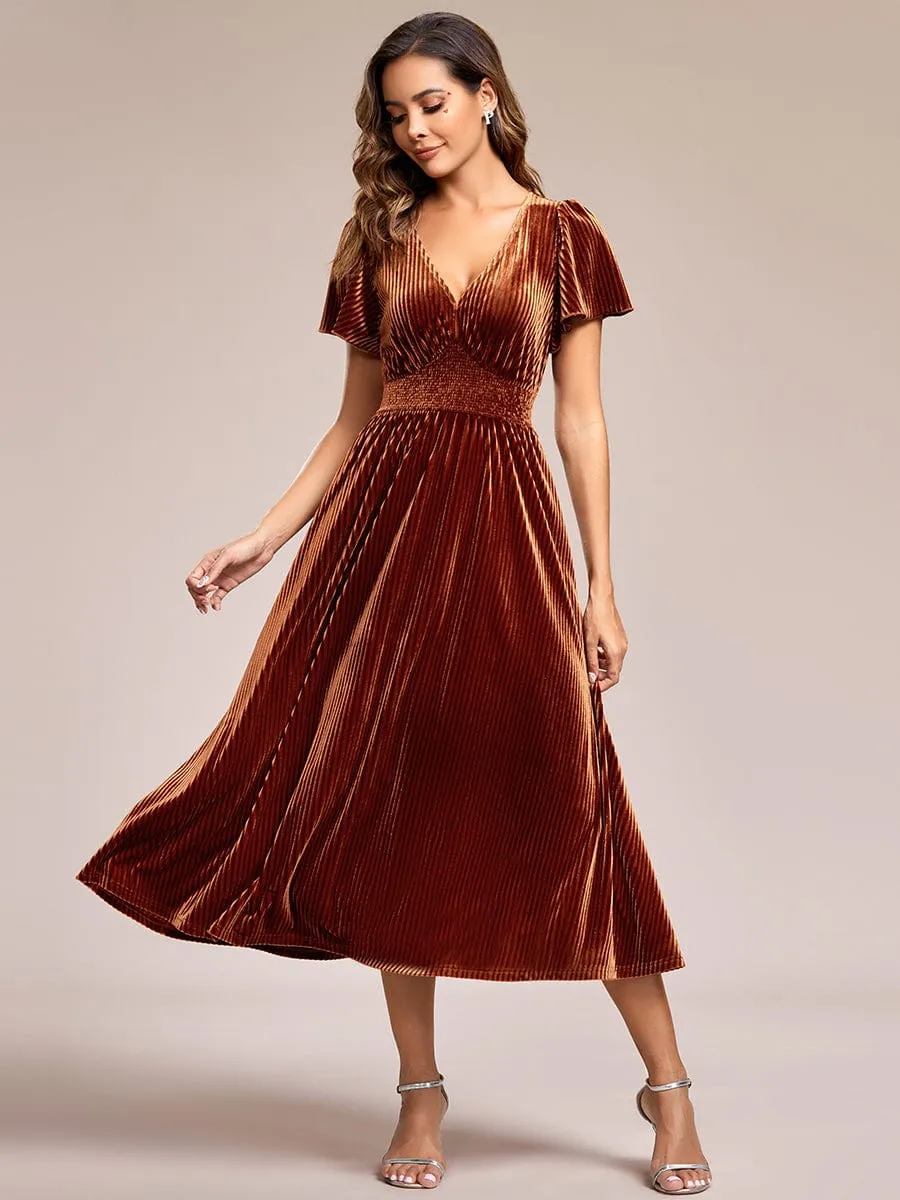 Graceful V-Neck Waist Design Short Sleeves Fall Velvet Midi Bridesmaid Dress