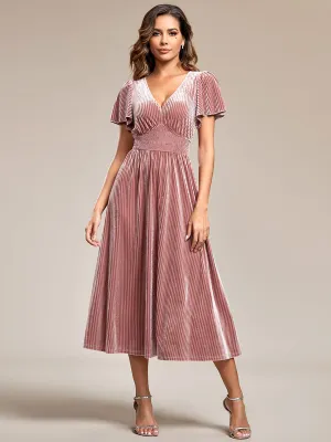 Graceful V-Neck Waist Design Short Sleeves Fall Velvet Midi Bridesmaid Dress