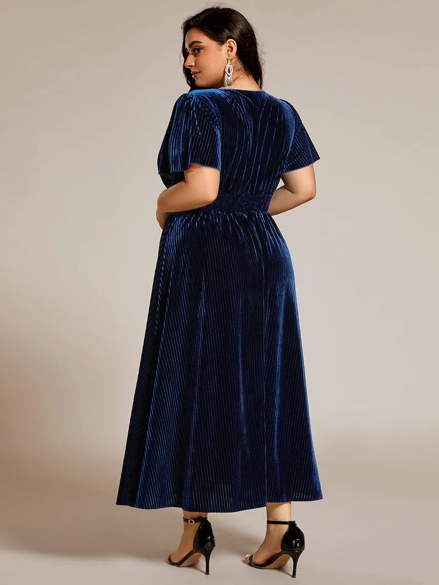 Graceful V-Neck Waist Design Short Sleeves Fall Velvet Midi Bridesmaid Dress