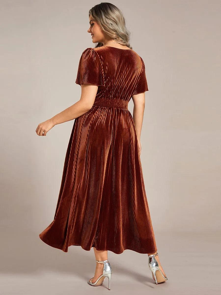 Graceful V-Neck Waist Design Short Sleeves Fall Velvet Midi Bridesmaid Dress