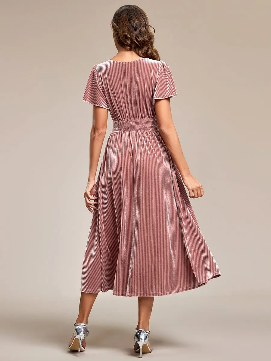 Graceful V-Neck Waist Design Short Sleeves Fall Velvet Midi Bridesmaid Dress