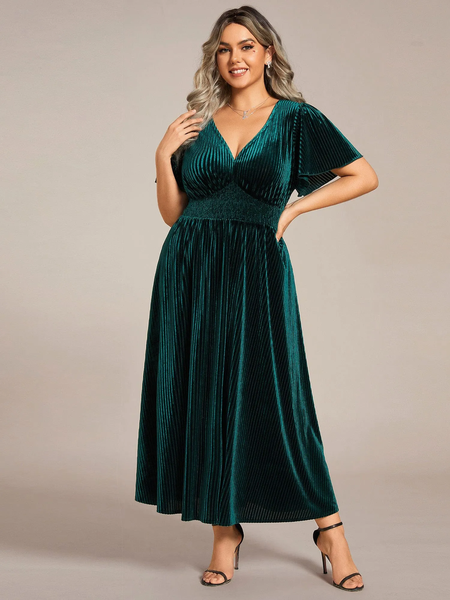 Graceful V-Neck Waist Design Short Sleeves Fall Velvet Midi Bridesmaid Dress