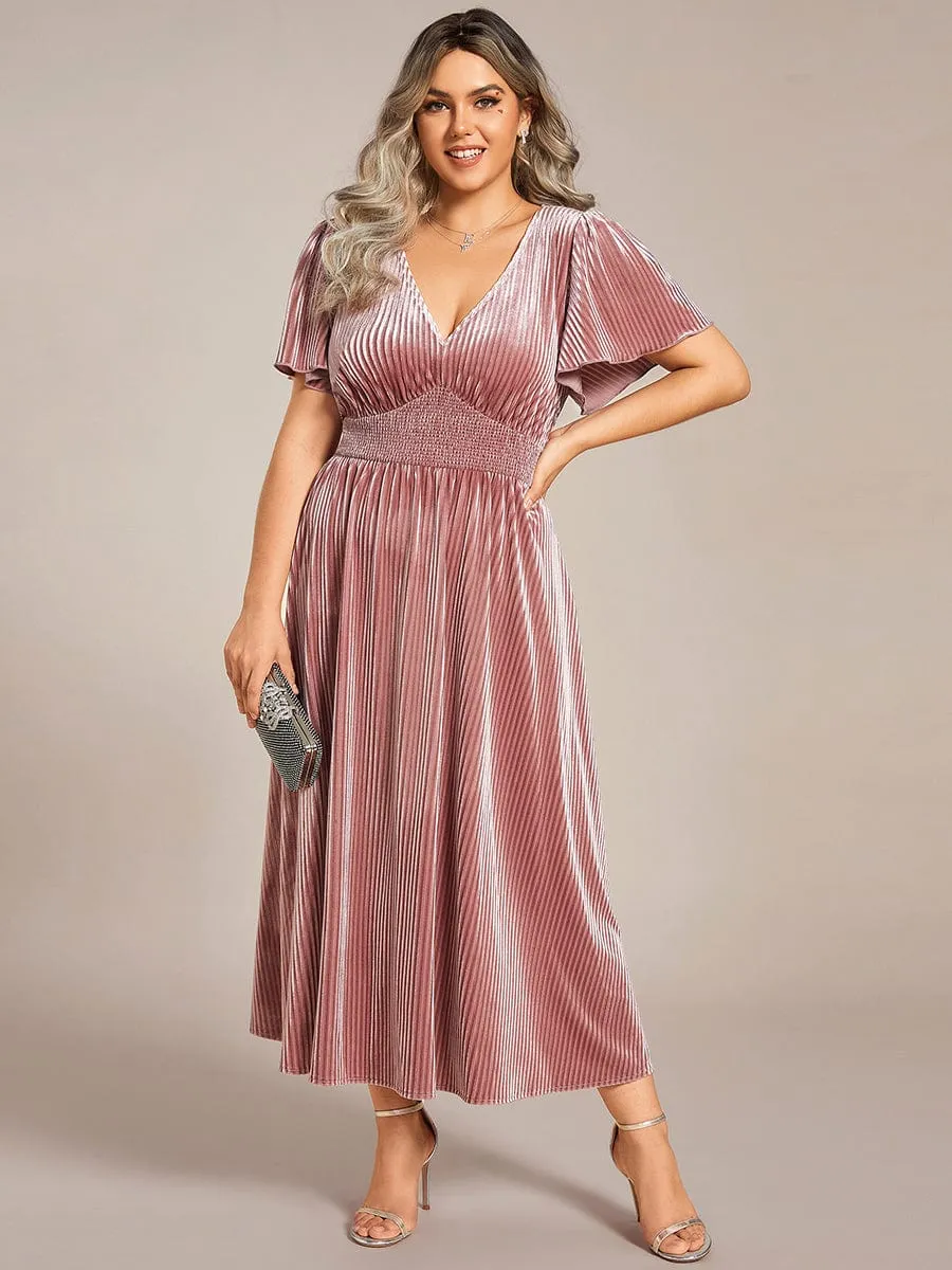 Graceful V-Neck Waist Design Short Sleeves Fall Velvet Midi Bridesmaid Dress