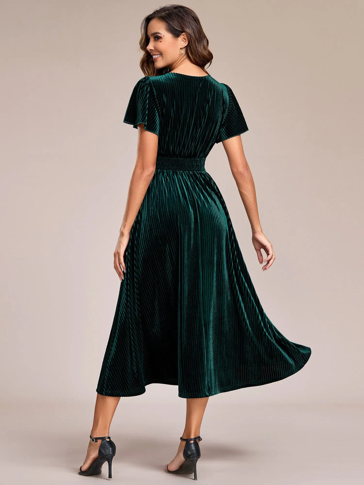 Graceful V-Neck Waist Design Short Sleeves Fall Velvet Midi Bridesmaid Dress