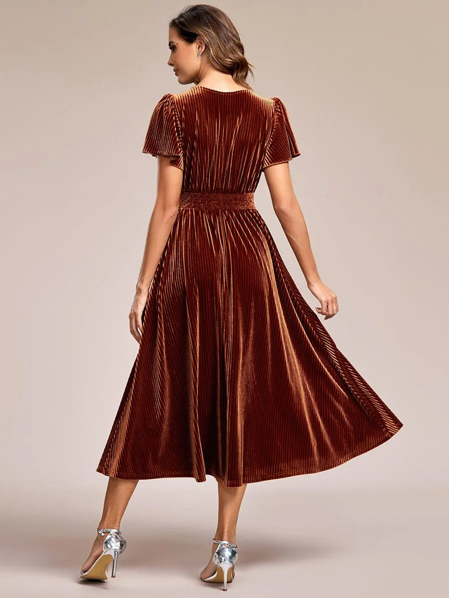 Graceful V-Neck Waist Design Short Sleeves Fall Velvet Midi Bridesmaid Dress