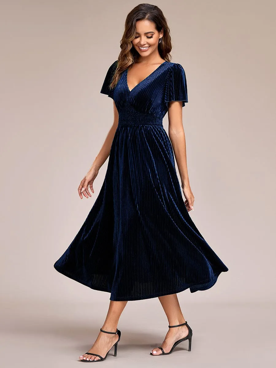 Graceful V-Neck Waist Design Short Sleeves Fall Velvet Midi Bridesmaid Dress