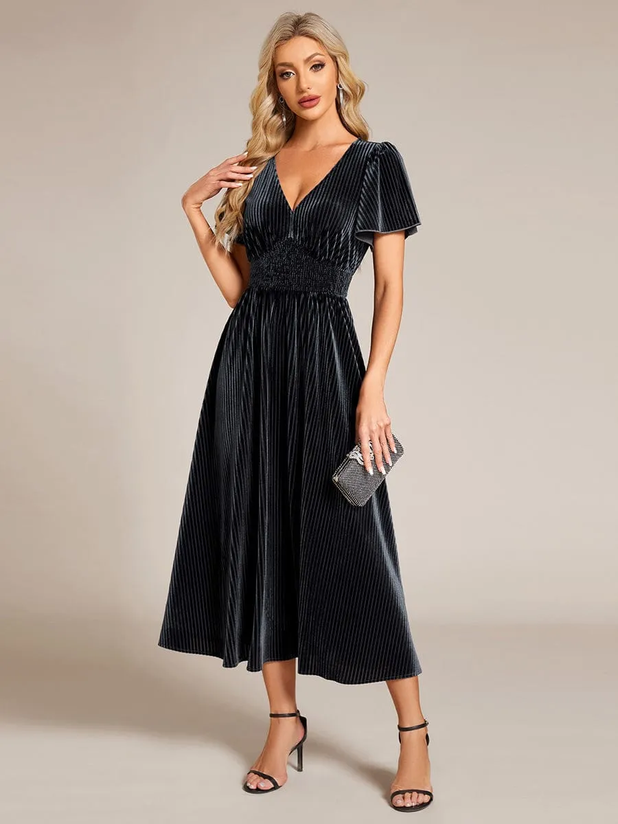 Graceful V-Neck Waist Design Short Sleeves Fall Velvet Midi Bridesmaid Dress