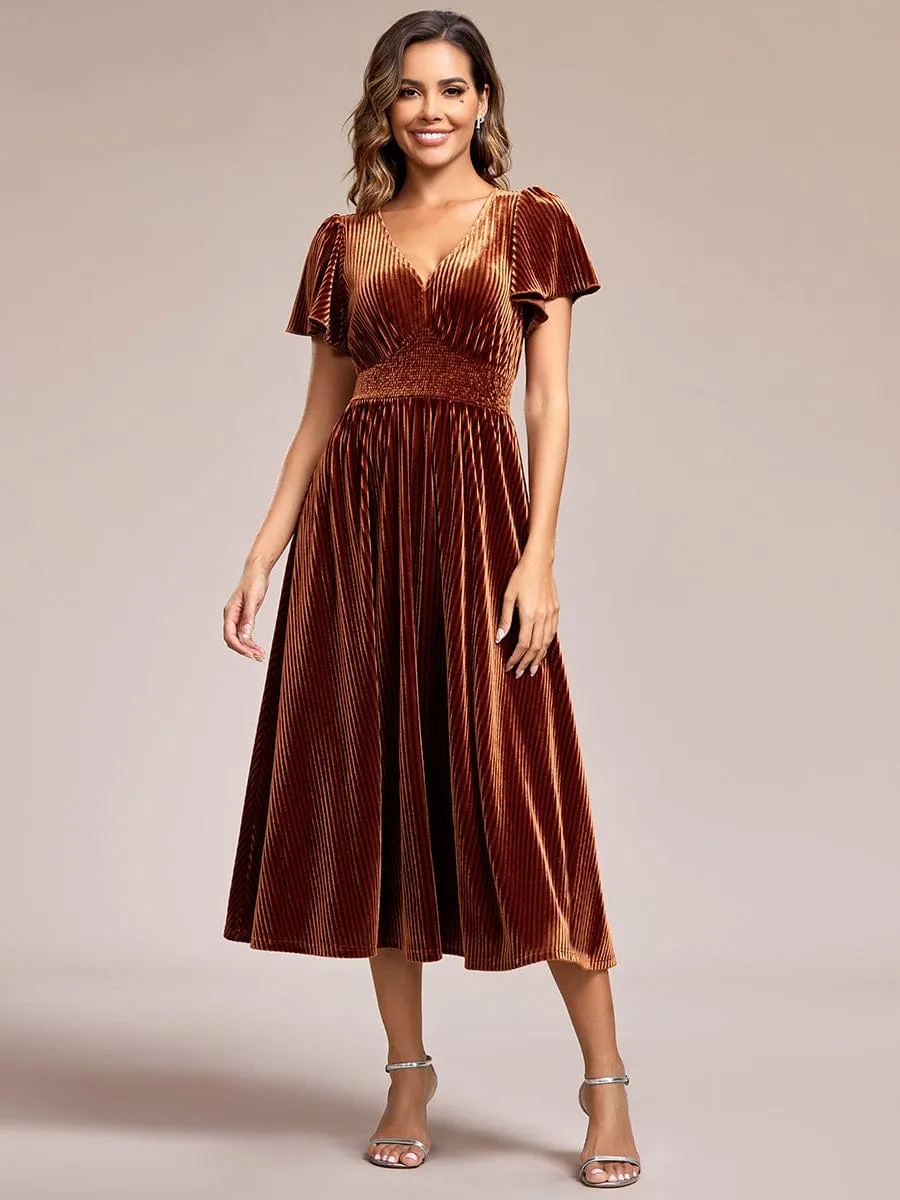 Graceful V-Neck Waist Design Short Sleeves Fall Velvet Midi Bridesmaid Dress