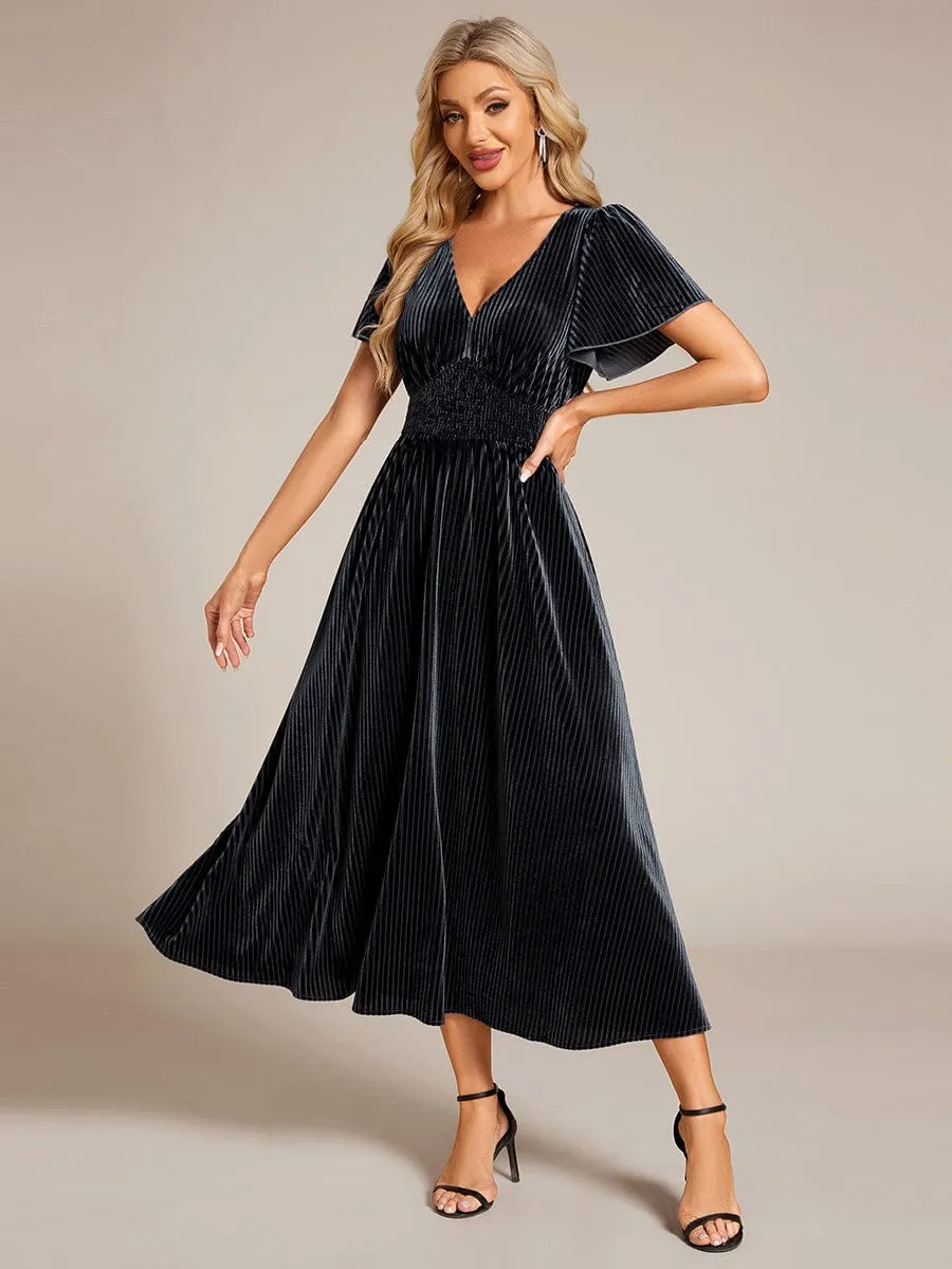 Graceful V-Neck Waist Design Short Sleeves Fall Velvet Midi Bridesmaid Dress