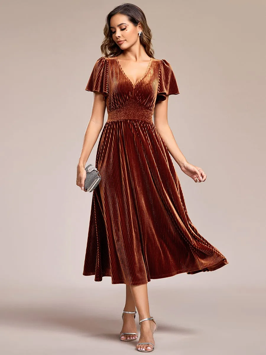 Graceful V-Neck Waist Design Short Sleeves Fall Velvet Midi Bridesmaid Dress