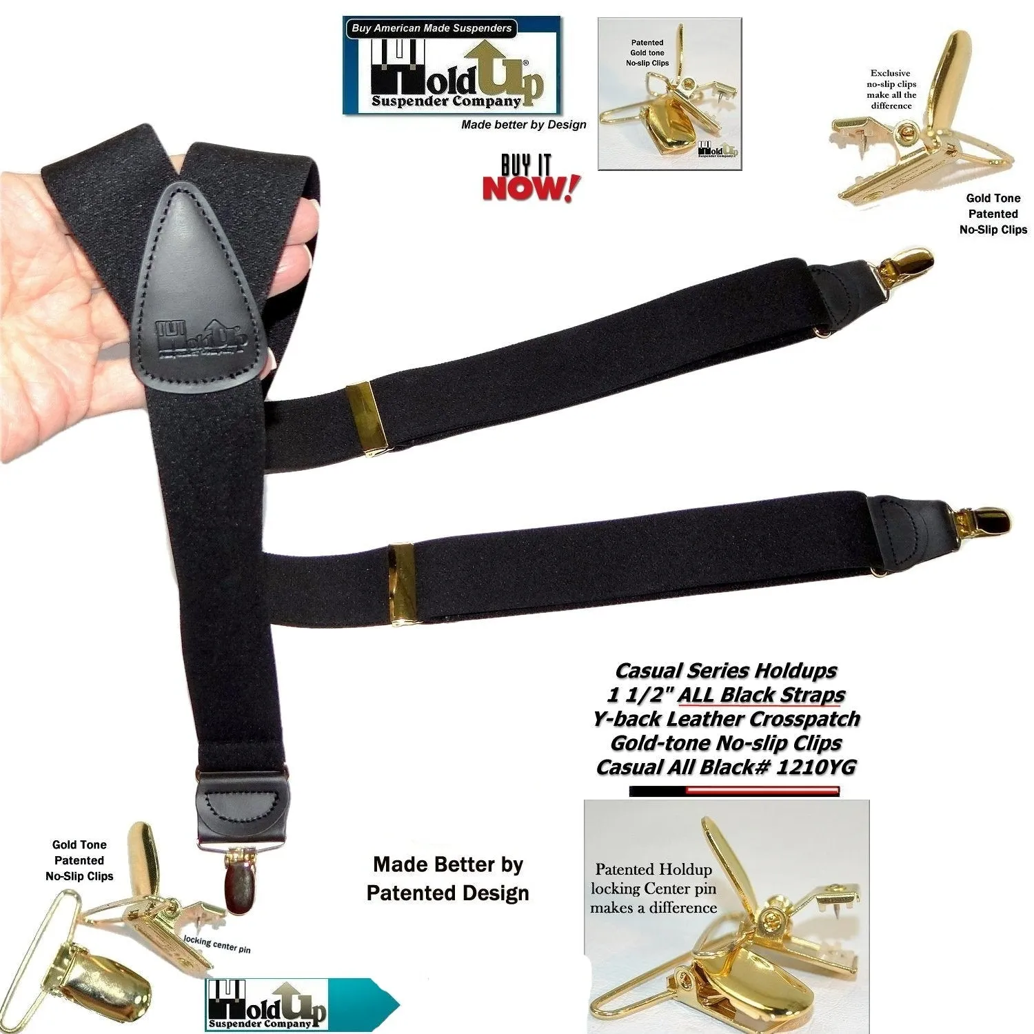 Hold-Ups Y-back All Black Casual Series Suspenders USA Patented No-Slip Gold Clips