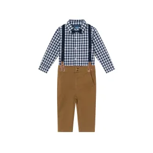 Infant 4-piece Set Buttondown Suspenders & Pant Set | Navy Gingham