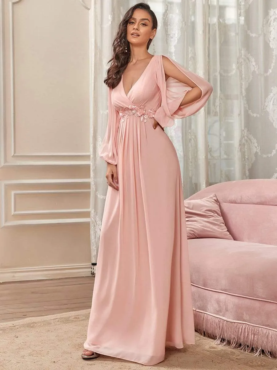 Iris | Elegant Chiffon V-Neckline Long Sleeve Wedding Guest Dress