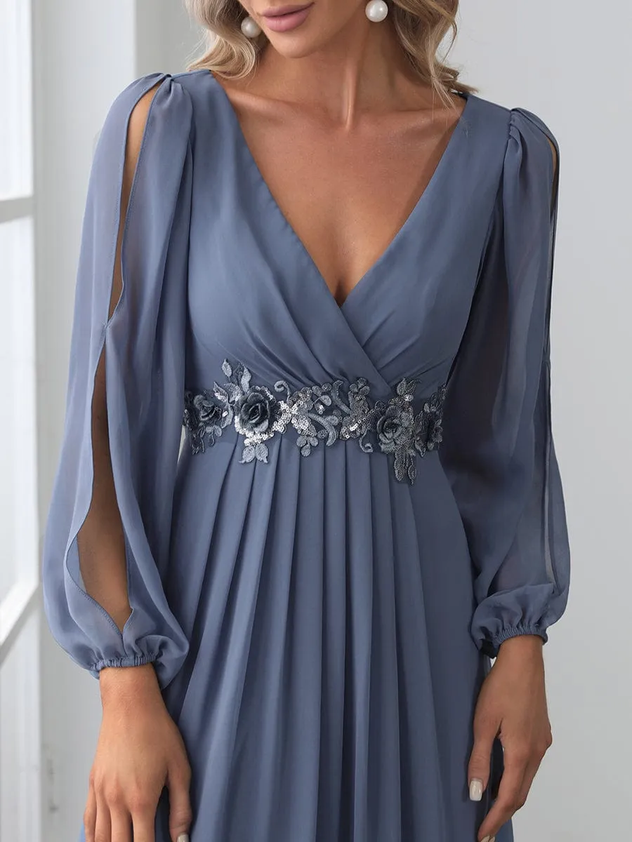 Iris | Elegant Chiffon V-Neckline Long Sleeve Wedding Guest Dress