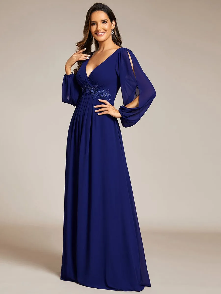 Iris | Elegant Chiffon V-Neckline Long Sleeve Wedding Guest Dress