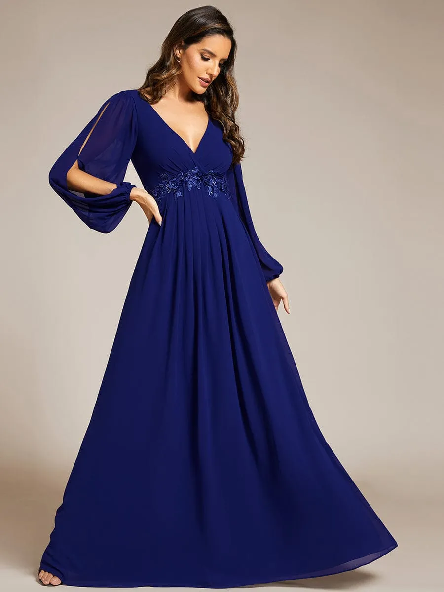 Iris | Elegant Chiffon V-Neckline Long Sleeve Wedding Guest Dress