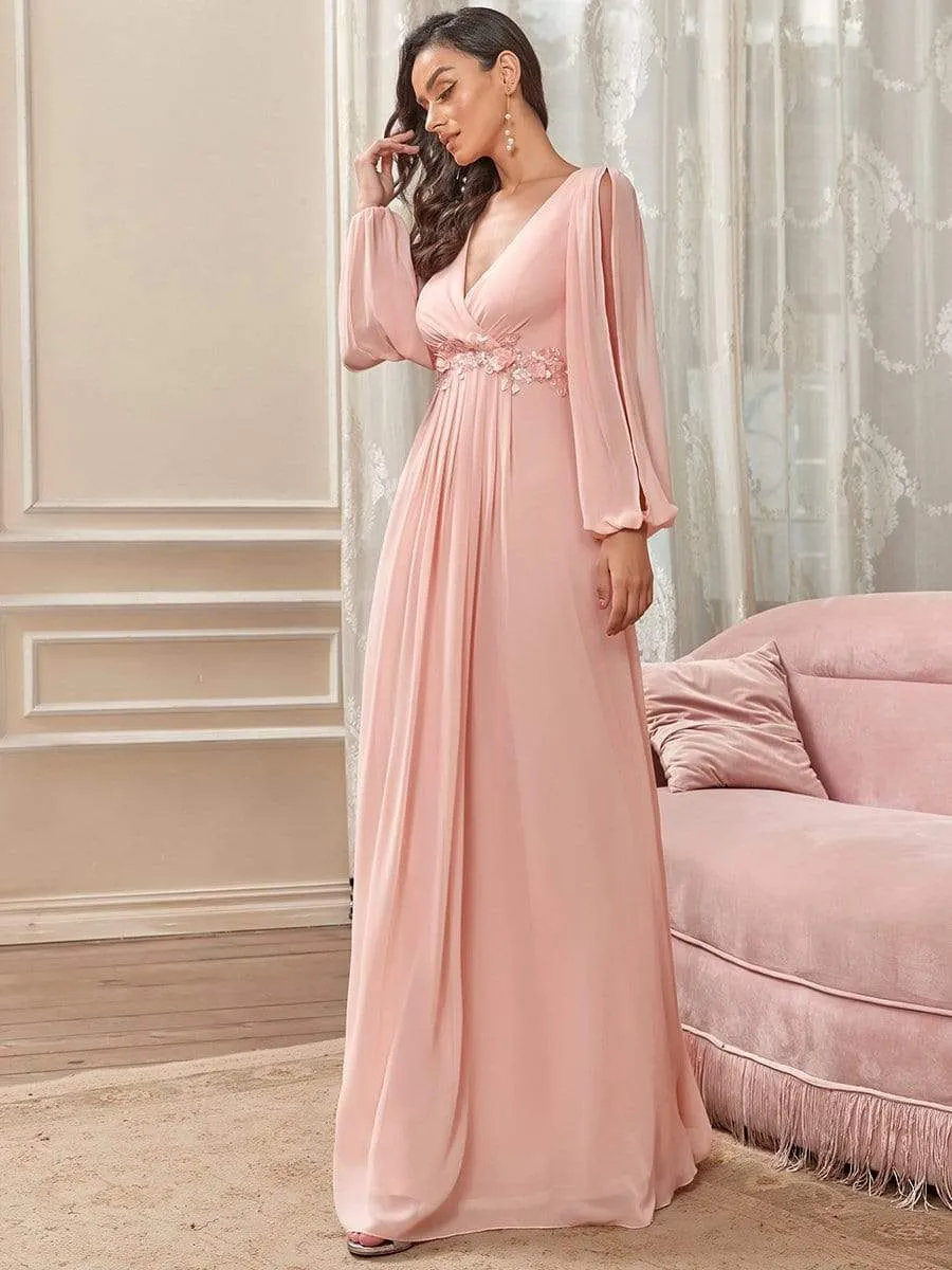 Iris | Elegant Chiffon V-Neckline Long Sleeve Wedding Guest Dress