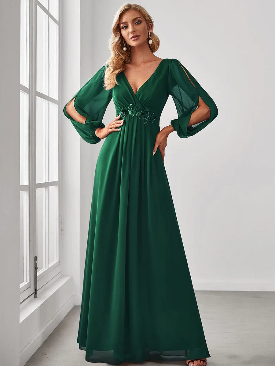 Iris | Elegant Chiffon V-Neckline Long Sleeve Wedding Guest Dress