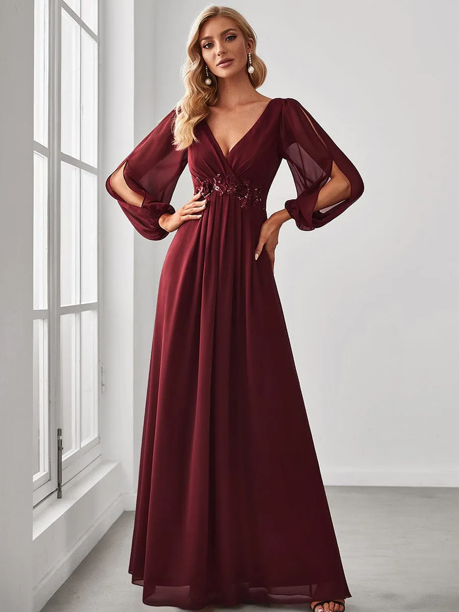 Iris | Elegant Chiffon V-Neckline Long Sleeve Wedding Guest Dress